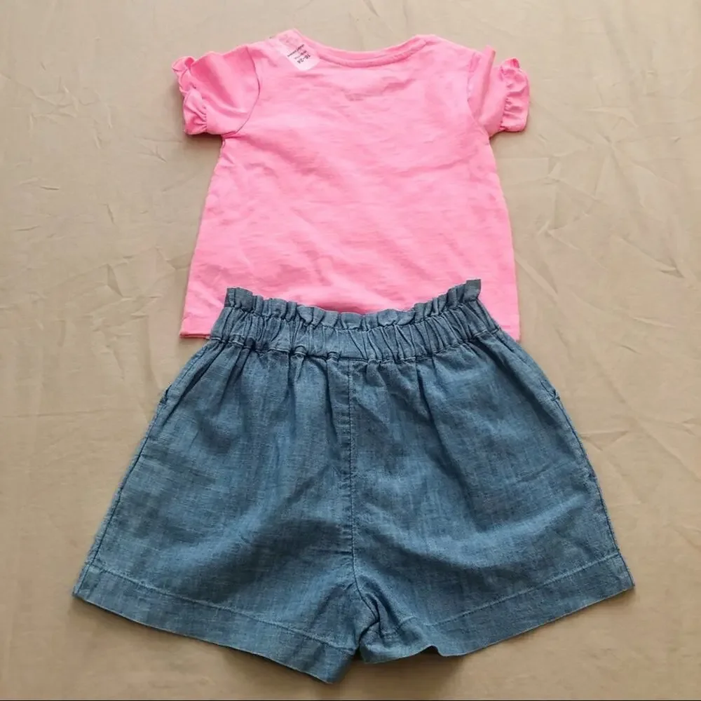 NWT 18-24 Gap Floral Embroidered Denim Shorts and Pink Ruffle Tee Outfit
